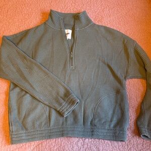 Aerie Olive Waffle Knit Zip Pullover